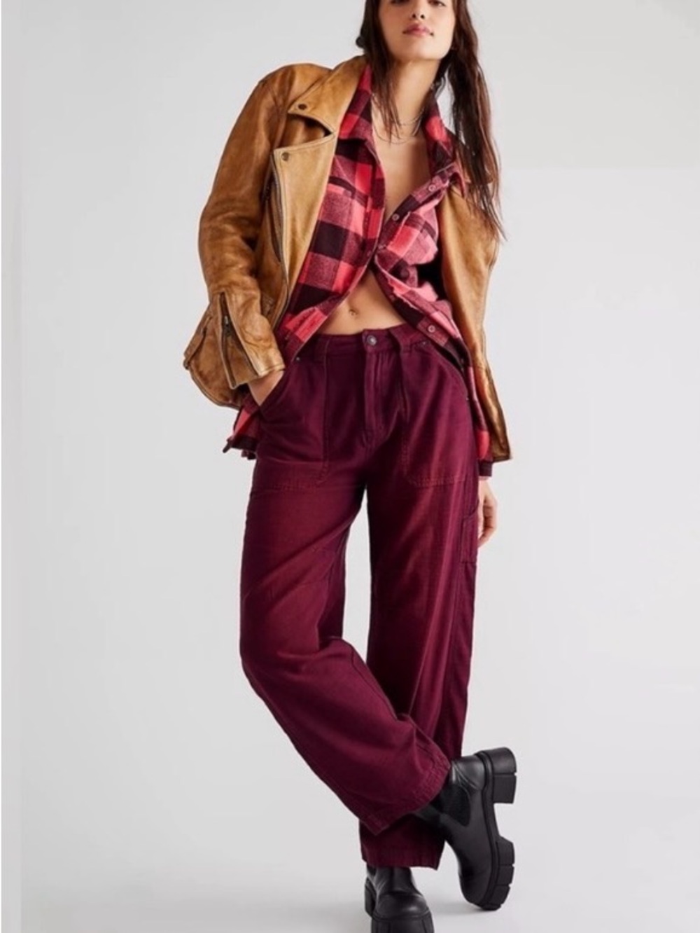Free People Stay Awhile Mulberry Burgundy Carpenter Utility Pants Distressed 0